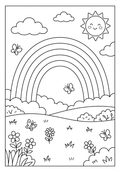 A bright sunny day landscape featuring a large rainbow a smiling sun floating butterflies and blooming flowers on hills