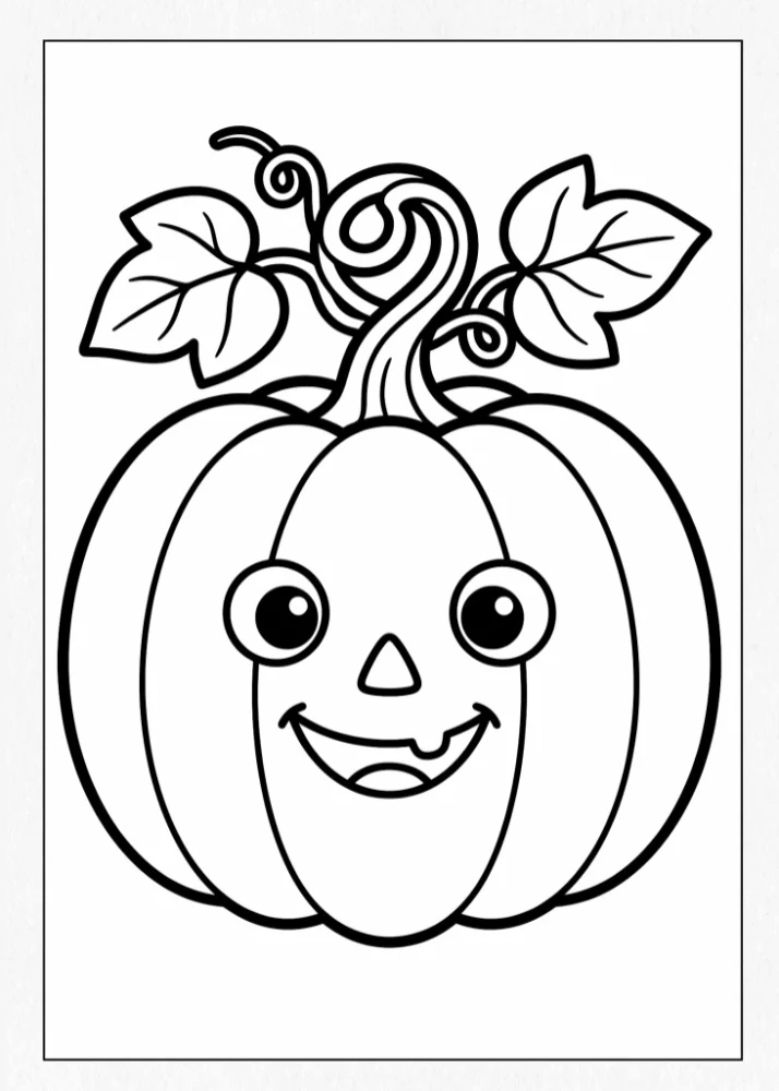 A cute smiling jack-o'-lantern coloring page with curly vines and large leaves on top