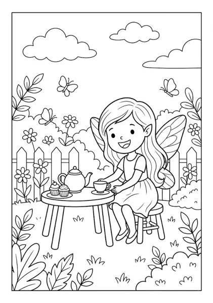 A cute fairy sitting at a small wooden table having tea and cupcakes near a wooden garden fence Fairy Coloring Pages