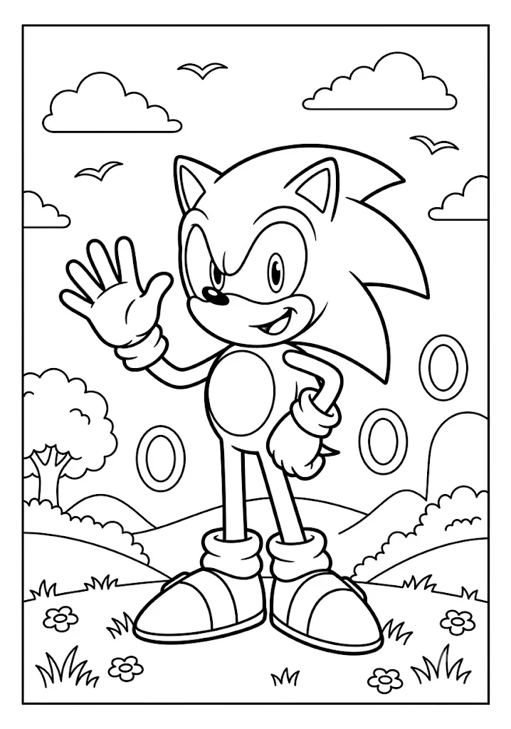 Sonic waving hello while standing near golden rings and trees in a sunny meadow Sonic Coloring Pages Title: Sonic Waving Hello Meadow Sonic