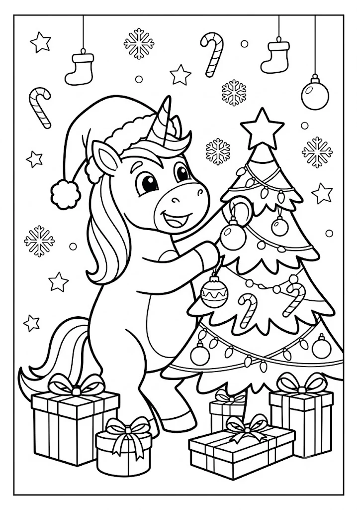 Cute unicorn wearing a Santa hat decorating a festive Christmas tree with gifts