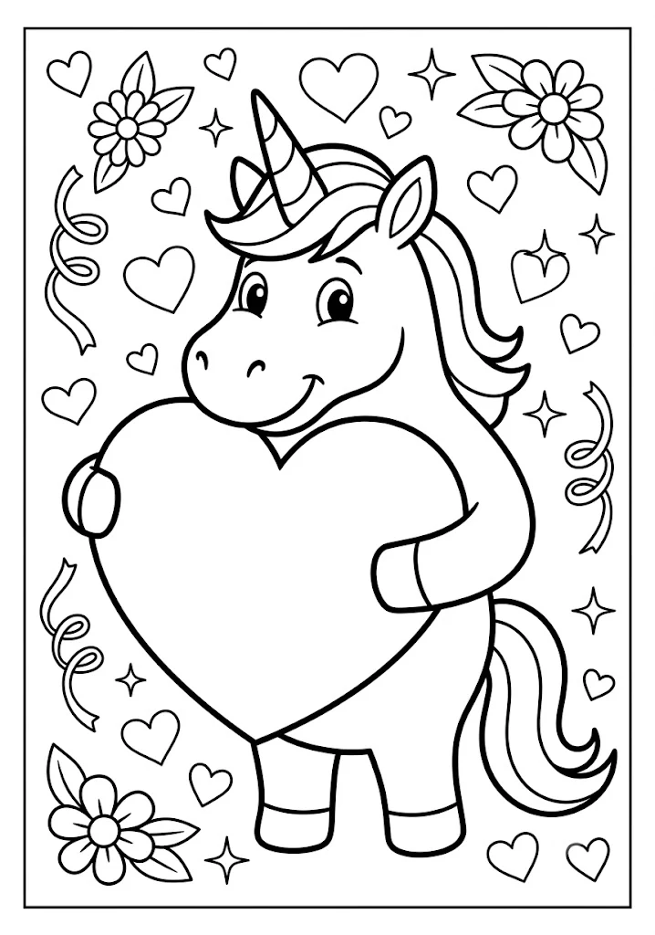 Cute unicorn holding a large heart surrounded by floating smaller hearts and flowers