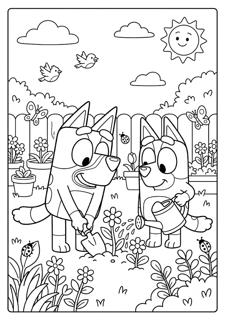 Bluey digging with a small shovel and Bingo watering flowers with a watering can in a lush garden