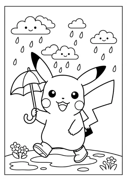 Cute Pikachu wearing boots holding an umbrella walking through rain puddles with smiling clouds Pokemon Coloring Pages