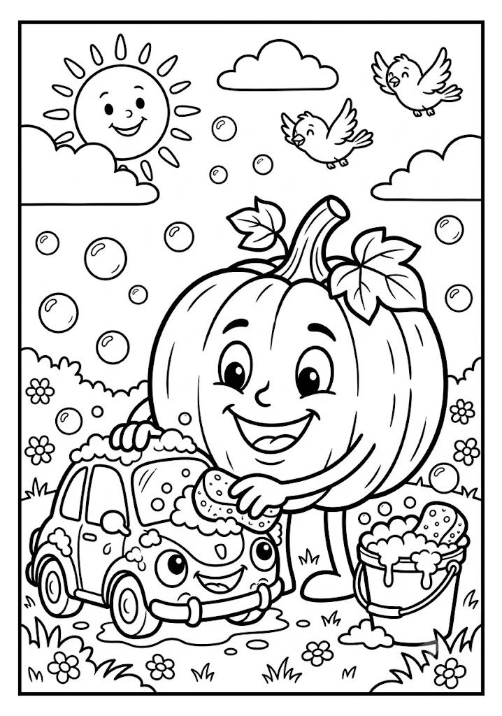 Cute pumpkin washing a small smiling toy car with soapy water, a sponge, and a bucket outdoors with birds and bubbles Pumpkin Coloring Pages