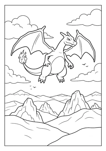 Powerful Charizard flying in the sky over high mountain peaks with clouds and small birds Pokemon Coloring Pages