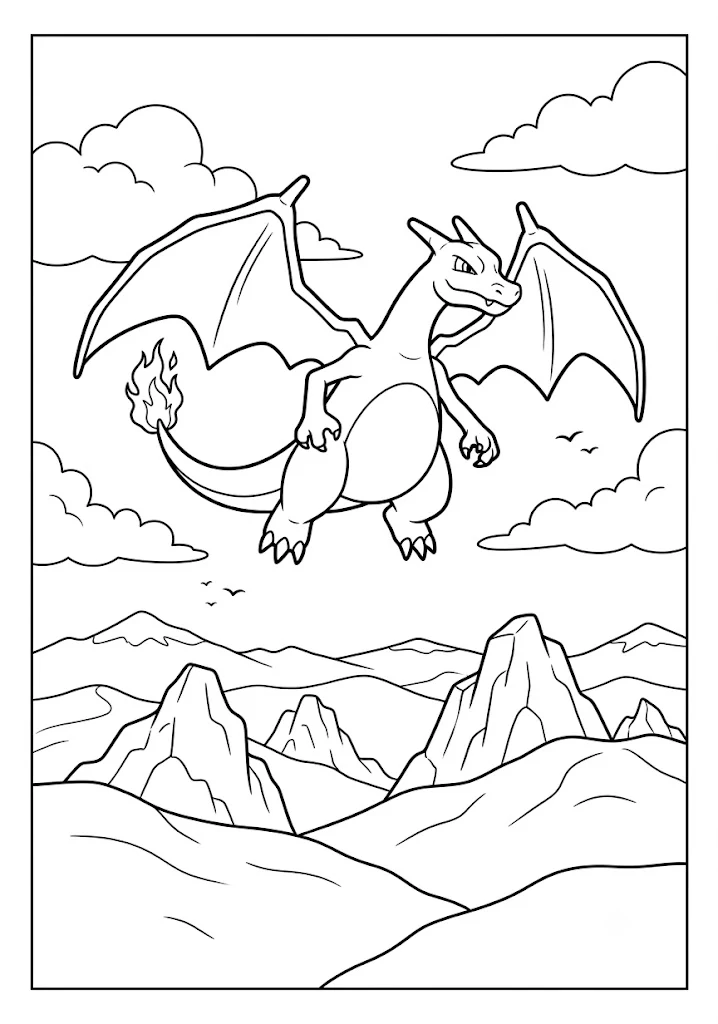 Powerful Charizard flying in the sky over high mountain peaks with clouds and small birds Pokemon Coloring Pages