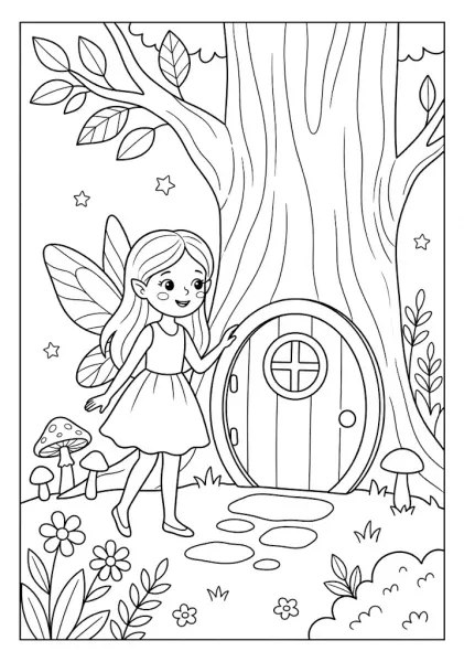 A cute fairy standing near a round wooden door built into the base of a large magical tree Fairy Coloring Pages