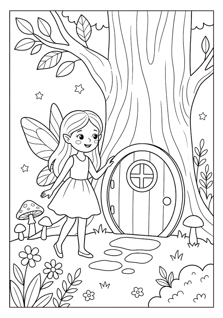 A cute fairy standing near a round wooden door built into the base of a large magical tree Fairy Coloring Pages
