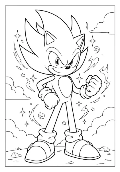 Awesome Super Sonic coloring page showing the powerful character standing confidently with glowing energy and star sparkles
