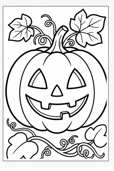 Black and white line drawing of a smiling Halloween Jack-o'-lantern with leaves and vines, perfect for kids coloring pages
