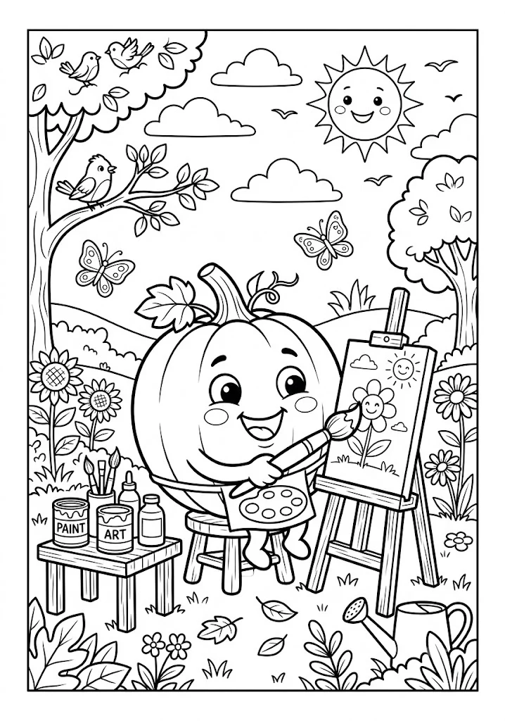 Cute pumpkin sitting on a stool painting a flower canvas on an easel in a garden with paint jars, birds, and a smiling sun Pumpkin Coloring Pages