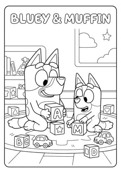 Bluey and Muffin sitting on a rug playing with alphabet blocks and toy cars in a playroom on a fun kids coloring pages