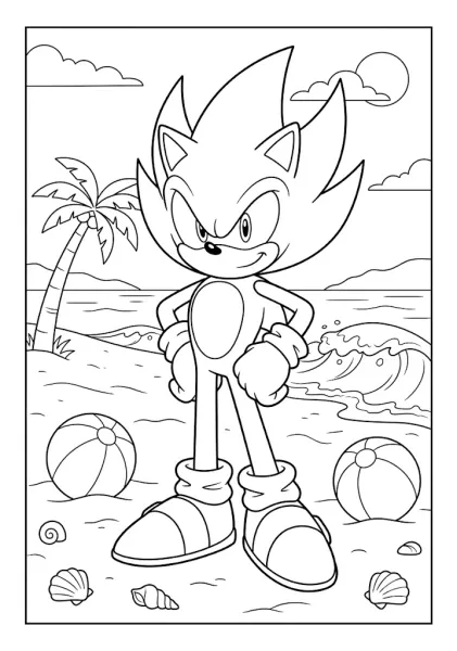 Printable coloring page of Super Sonic standing on a sandy beach with palm trees, waves, and beach balls