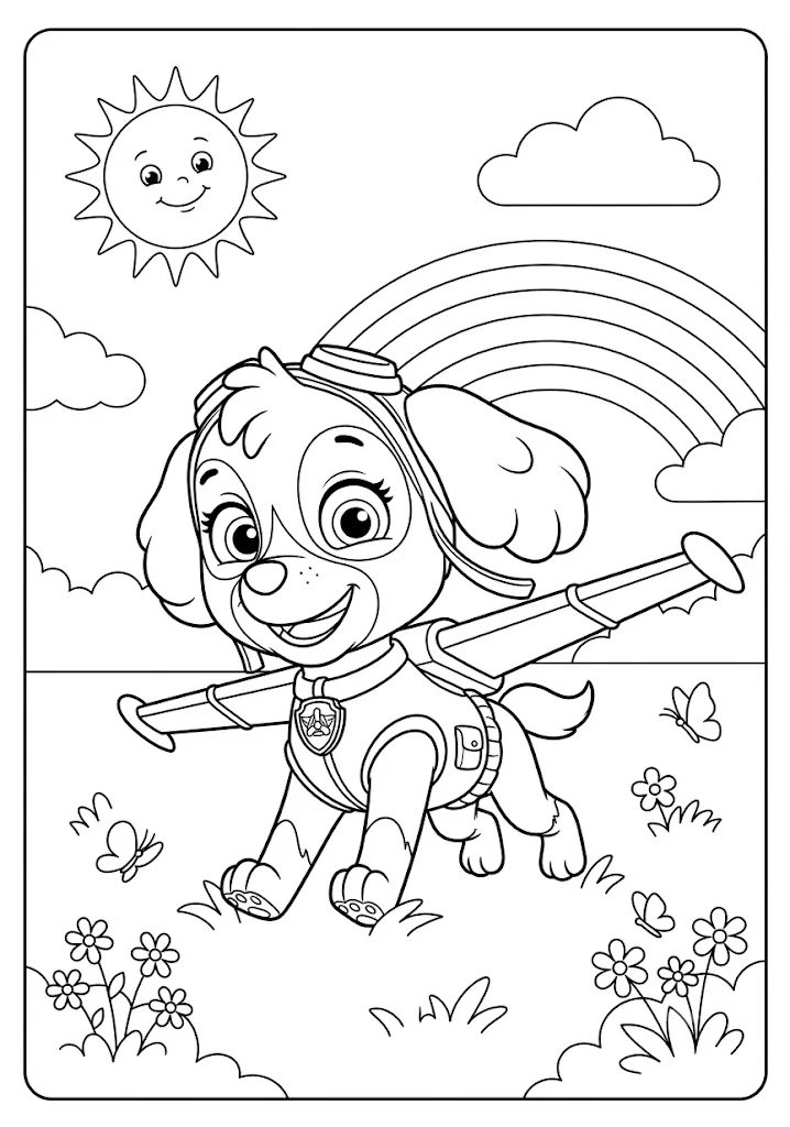 Skye flying with her jet pack over a flower field with a bright sun and rainbow in the sky