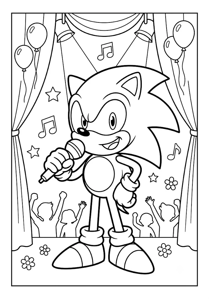 Sonic holding a microphone singing on stage with spotlights, music notes, curtains, balloons, and cheering fans Sonic Coloring Pages