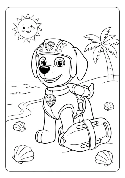 Zuma wearing a life jacket standing on a sunny beach next to sea shells and a palm tree