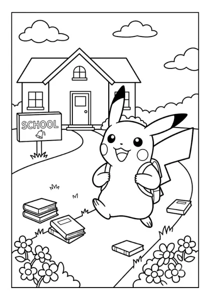 Cute Pikachu wearing a backpack walking on a path near a school building with books scattered around Pokemon Coloring Pages