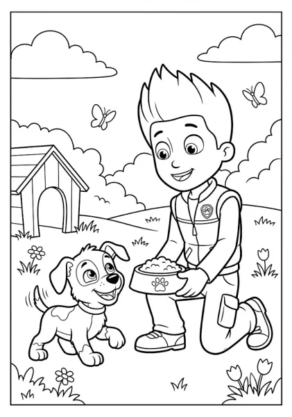 Ryder kneeling down holding a bowl of food for a puppy near a doghouse in a garden