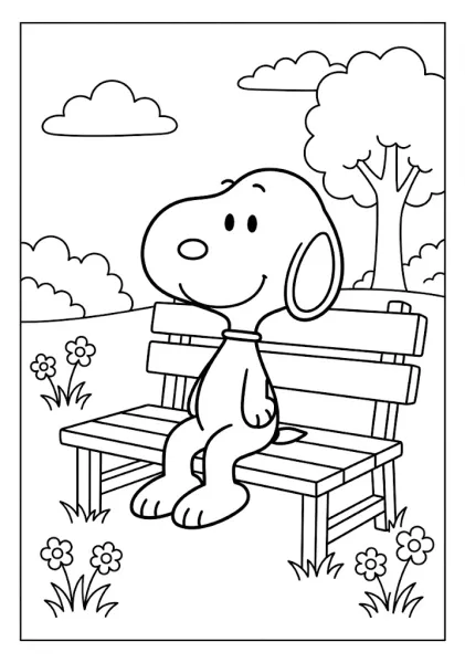 Snoopy sitting neatly on a wooden bench in a peaceful garden setting Snoopy Coloring Pages