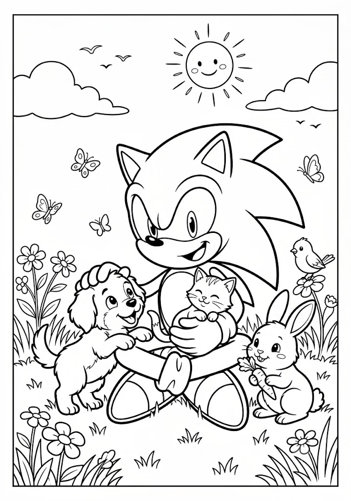 Sonic holding a microphone singing on stage with spotlights music notes curtains balloons and cheering fans Sonic Coloring Pages
