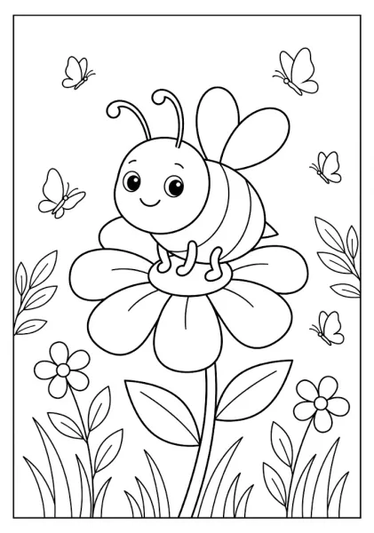 A cute chubby bee sitting happily on top of a large petal flower surrounded by small butterflies Bee Coloring Pages