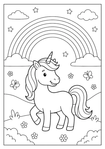 A cute unicorn standing in a meadow under a rainbow sky with clouds stars and butterflies coloring page