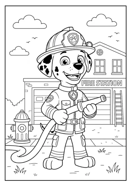 Marshall standing in firefighter uniform holding a fire hose in front of the fire station