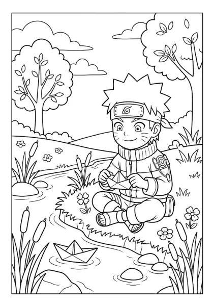 Chibi Naruto sitting by a stream floating paper boats in the water coloring page