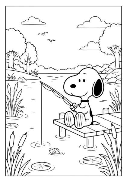 Snoopy sitting on a wooden dock with a fishing rod by a peaceful lake Snoopy Coloring Pages