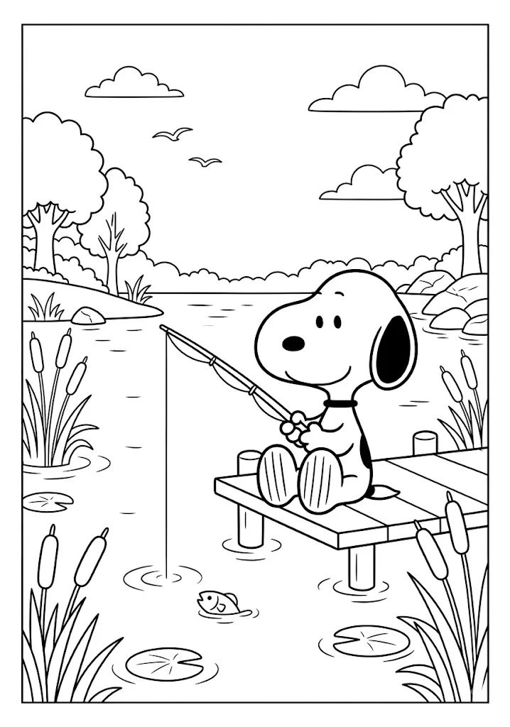 Snoopy sitting on a wooden dock with a fishing rod by a peaceful lake Snoopy Coloring Pages