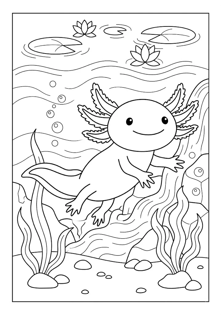 Cute axolotl swimming underwater near rocks, seaweed, and floating lily pads Axolotl Coloring Pages