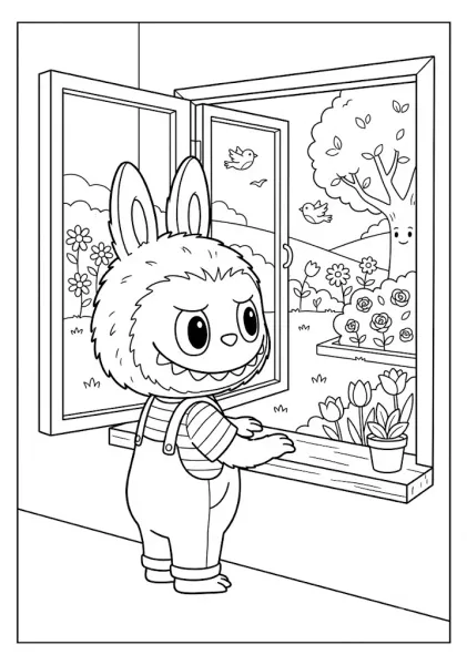 A cute Labubu character looking through an open window at flowers in our Labubu coloring pages