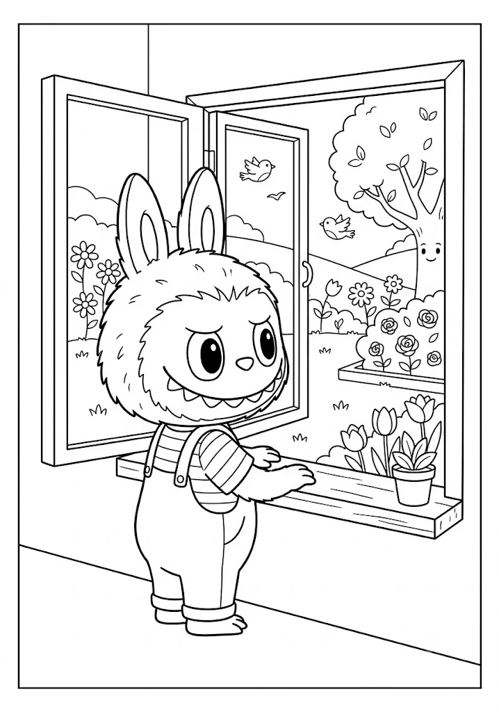 A cute Labubu character looking through an open window at flowers in our Labubu coloring pages
