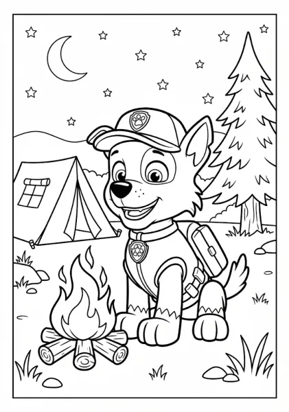 Coloring page showing Rocky wearing a cap and backpack by a campfire and a tent at night