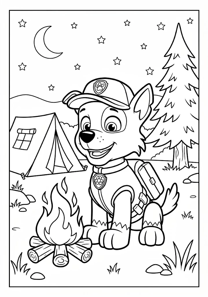 Coloring page showing Rocky wearing a cap and backpack by a campfire and a tent at night