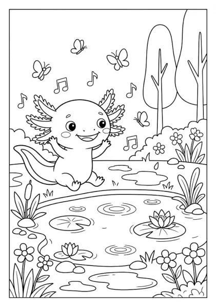 Cute axolotl happily jumping near a pond surrounded by flying butterflies and music notes Axolotl Coloring Pages