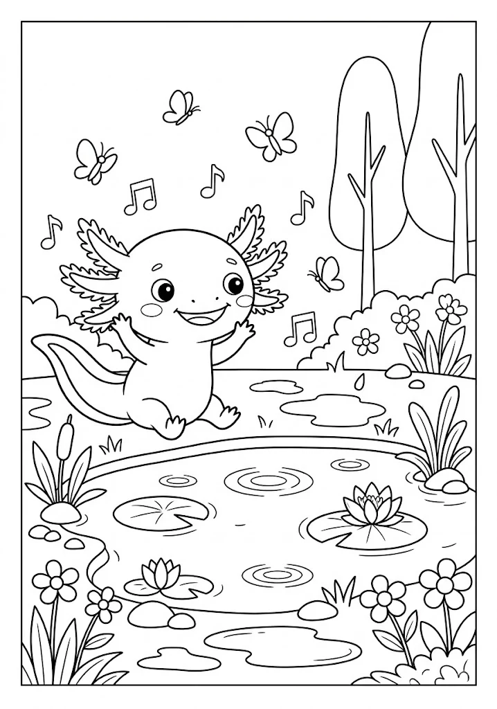 Cute axolotl happily jumping near a pond surrounded by flying butterflies and music notes Axolotl Coloring Pages