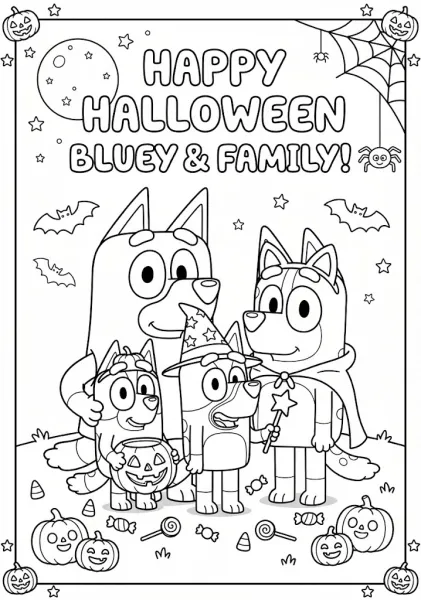 fun Halloween coloring page features Bluey and her family in spooky costumes with pumpkins and candy. Perfect for kids