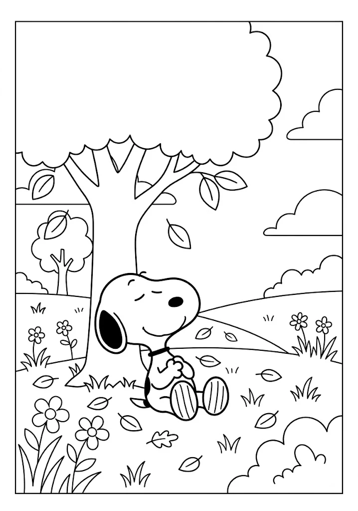 Snoopy sitting comfortably under a large tree with falling leaves Snoopy Coloring Pages