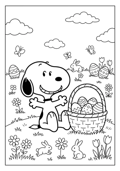 Snoopy sitting next to a basket full of decorated Easter eggs with bunnies and butterflies Snoopy Coloring Pages