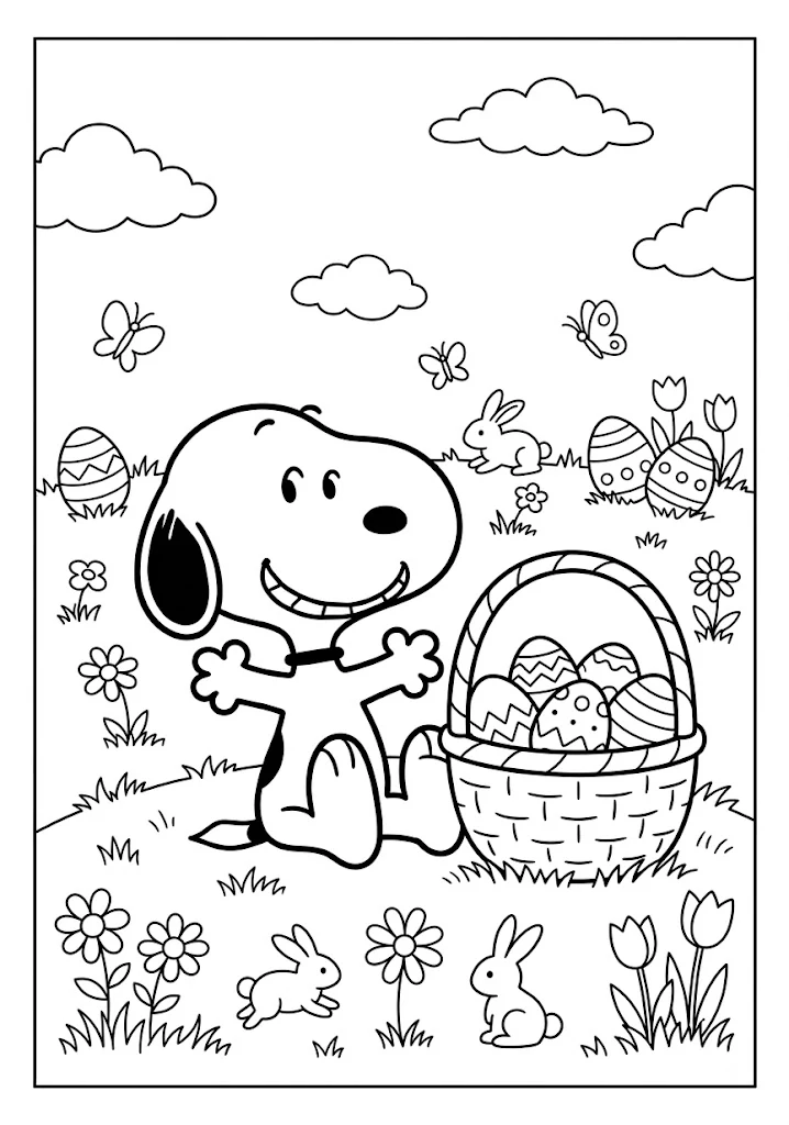Snoopy sitting next to a basket full of decorated Easter eggs with bunnies and butterflies Snoopy Coloring Pages