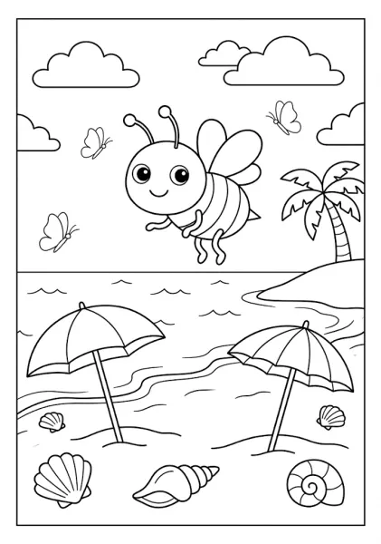 A cute bee flying over a tropical beach shore with beach umbrellas, seashells, and a palm tree Bee Coloring Pages