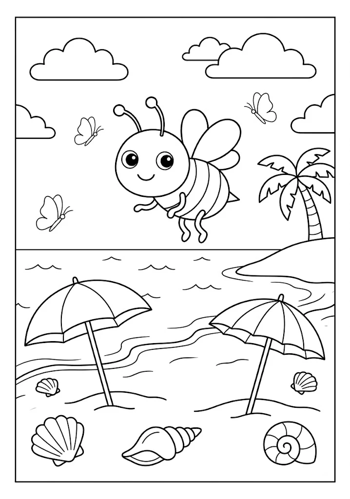 A cute bee flying over a tropical beach shore with beach umbrellas, seashells, and a palm tree Bee Coloring Pages