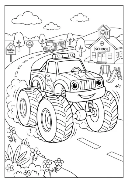 Monster truck with police siren and star decal driving near a school house and playground Monster Truck Coloring Pages