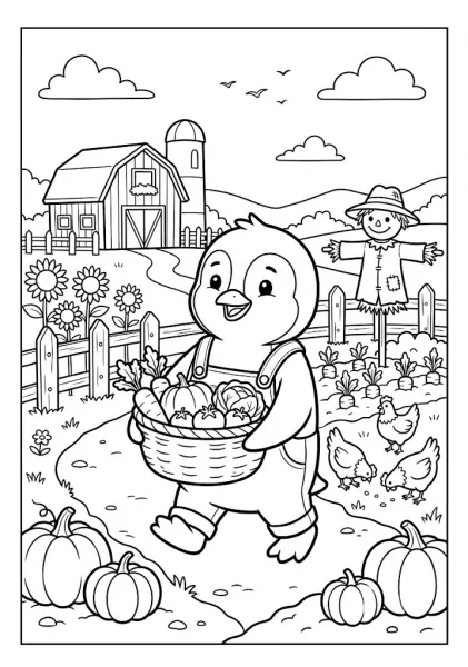 Cute penguin wearing overalls holding a basket of fresh vegetables on a farm near pumpkins chickens a scarecrow and a barn Penguin Coloring Pages