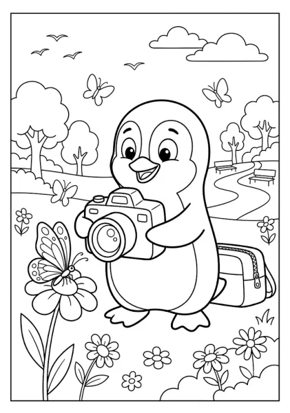 Cute penguin holding a camera photographing a butterfly on a flower in a park with trees and flying butterflies Penguin Coloring Pages
