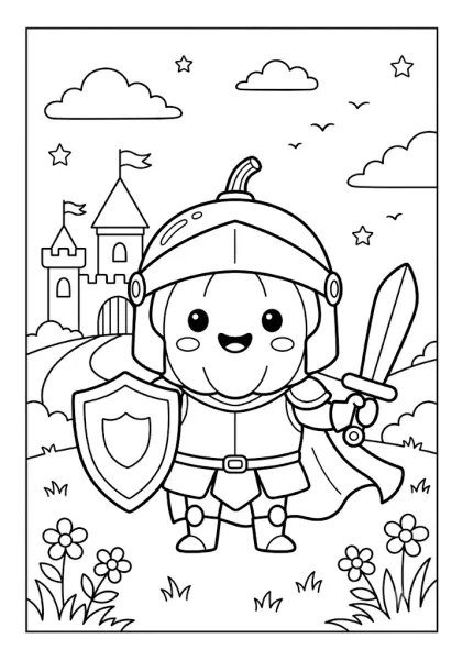 Cute pumpkin dressed as a brave knight holding a sword and shield in front of a medieval castle in a flower field Pumpkin Coloring Pages