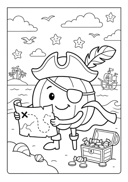 Cute pumpkin dressed as a pirate wearing an eye patch and pirate hat reading a treasure map on a beach with a treasure chest and ship Pumpkin Coloring Pages