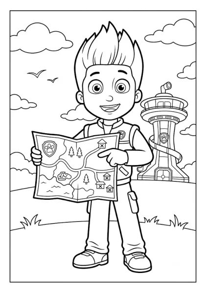 Ryder holding an open treasure map standing in front of the Paw Patrol Lookout Tower